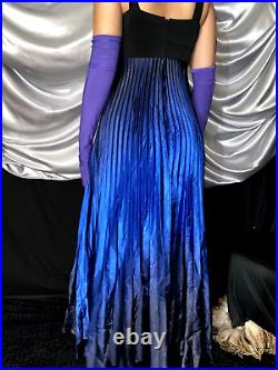 Vtg Satin Blue Ombre Shiny Crystal Accordian Pleat Maxi Formal Dress 12 Fernell