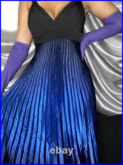 Vtg Satin Blue Ombre Shiny Crystal Accordian Pleat Maxi Formal Dress 12 Fernell