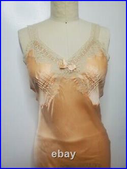 Vtg Satin Lace 40s Nightgown Bias Cut Peach Slip Dress Size Small