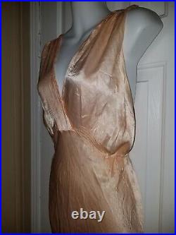 Vtg Satin Nightgown Peach Lace Bias Cut Long Slip Dress 40's Size S-M