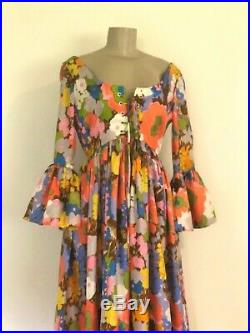 Vtg Satiny Floral Empire Gown Long Peasant Party Dress, Low Cut Back, Bell Sleeves