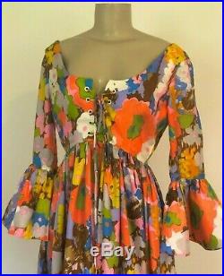 Vtg Satiny Floral Empire Gown Long Peasant Party Dress, Low Cut Back, Bell Sleeves