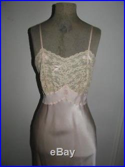 Vtg Silk Slip Dress Alencon Lace Bodice Tiny Straps Sexy Pale Pink Elegant 30's
