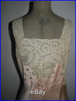 Vtg Silk Slip Dress Gown Alencon Lace Lord & Taylor Floral Insets Garlands Exc