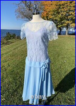 Vtg Size 13 14 1930s Chiffon and Lace Dress w Drop Waist Under Slip Cut on Bias