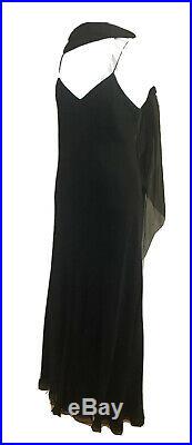 Vtg Stavropoulos Couture Black Chiffon 3 Piece Slip Dress Scarf Tulle Overlay M