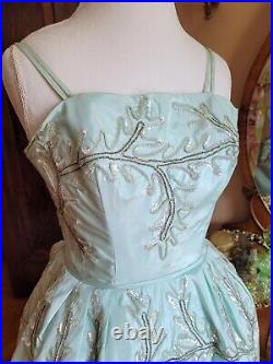 Vtg VOGUE Bayonne 60S Blue Beaded Sequin Crinoline Fit & Flare Prom Dress XS