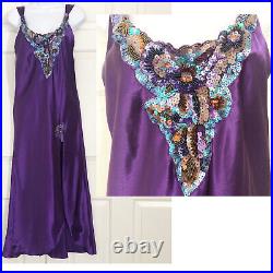 Vtg Victoria's Secret Lingerie Slip Dress Gold Label Satin Purple Sequin Beaded