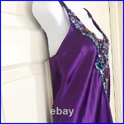 Vtg Victoria's Secret Lingerie Slip Dress Gold Label Satin Purple Sequin Beaded