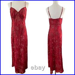 Vtg Victorias Secret Gold Label Red Satin Lace Sheer Floral Rose Slit Slip Dress