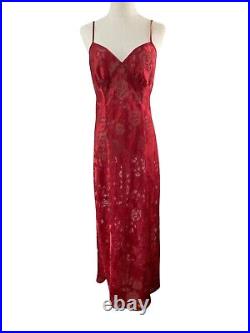 Vtg Victorias Secret Gold Label Red Satin Lace Sheer Floral Rose Slit Slip Dress