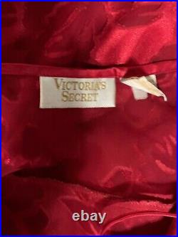 Vtg Victorias Secret Gold Label Red Satin Lace Sheer Floral Rose Slit Slip Dress