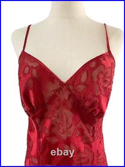 Vtg Victorias Secret Gold Label Red Satin Lace Sheer Floral Rose Slit Slip Dress