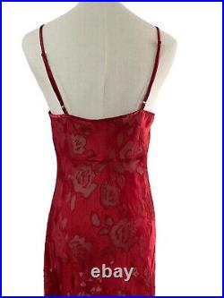 Vtg Victorias Secret Gold Label Red Satin Lace Sheer Floral Rose Slit Slip Dress