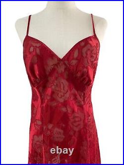 Vtg Victorias Secret Gold Label Red Satin Lace Sheer Floral Rose Slit Slip Dress