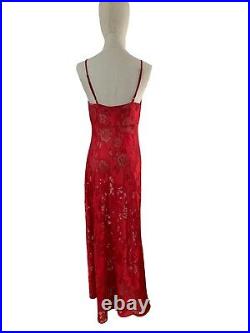 Vtg Victorias Secret Gold Label Red Satin Lace Sheer Floral Rose Slit Slip Dress