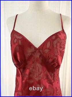 Vtg Victorias Secret Gold Label Red Satin Lace Sheer Floral Rose Slit Slip Dress