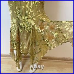Vtg Y2K Bias Cut Maxi Dress 100% Silk Slip Olive Green Beaded UK 6 8 Cami Fairy