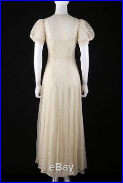 Vtg c. 1930 1940s Off White Floral Lace Sheer Puff Sleeve Tulle Dress Gown Slip