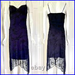 Vtg y2k 90s CHARLOTTE RUSSE Sheer Slip Dress Glitter Sparkly Lace Accents NAVY S