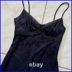 Vtg y2k 90s CHARLOTTE RUSSE Sheer Slip Dress Glitter Sparkly Lace Accents NAVY S