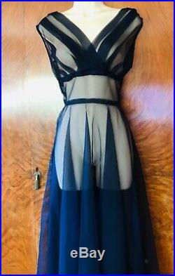 WOW! DROP DEAD GORGEOUS! Vintage 1950s SHEER Navy Blue Dress withSlip, Size S/M