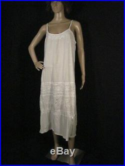 White Cotton Summer Slip Dress Boho Chic Embroidered Midi Dress Vtg. 60s L XL