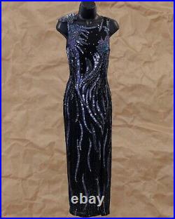 Women's 80s Vintage Black Fully Beaded Floral Detail Slip Gown