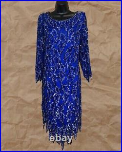 Women's Vintage 80s Blue Sequin Beaded Slip Dress US Size M