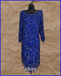 Women's Vintage 80s Blue Sequin Beaded Slip Dress US Size M