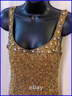 Women's Vintage Badgley Mischka Pure Silk Gold Beaded Mini Dress US Size 2/XS