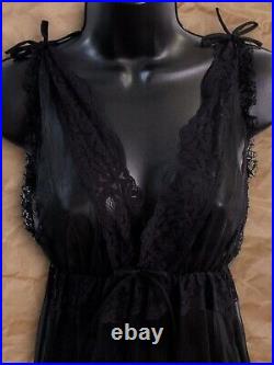 Women's Vintage Black Nylon Lace V Neck Bow Shoulder Slip Maxi Dress US Size M