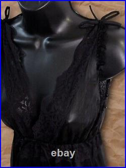 Women's Vintage Black Nylon Lace V Neck Bow Shoulder Slip Maxi Dress US Size M