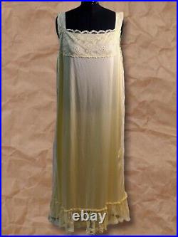 Women's Vintage Handmade Lemon Yellow Lace Beaded Gown Nightgown Slip Dress