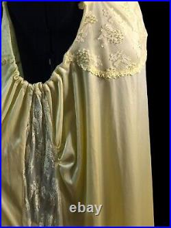 Women's Vintage Handmade Lemon Yellow Lace Beaded Gown Nightgown Slip Dress