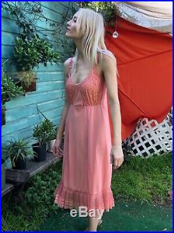 Womens Vintage Size Small Pink Coral Lace Trim Slip Dress