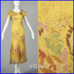 XS 1930s Yellow Dress Chiffon Floral Print Long Attached Slip Maxi Gown 30s VTG