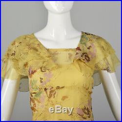 XS 1930s Yellow Dress Chiffon Floral Print Long Attached Slip Maxi Gown 30s VTG
