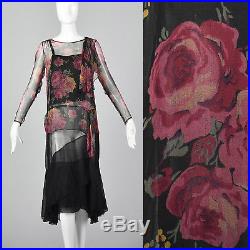 XXS 1930s Black Silk Slip Dress Rose Print Top Art Deco Separates Flapper 30s