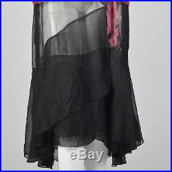 XXS 1930s Black Silk Slip Dress Rose Print Top Art Deco Separates Flapper 30s