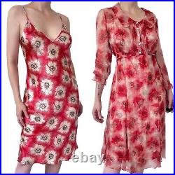 Y2K Vintage 100% Silk Peasant Slip Midi Dress Size 8Floral Red White Semi-Sheer