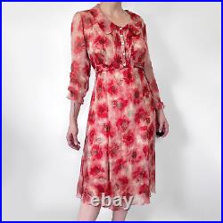 Y2K Vintage 100% Silk Peasant Slip Midi Dress Size 8Floral Red White Semi-Sheer