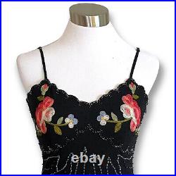 Y2K Vintage 90s Cache Black Dress Sz 2 Floral Embroidery Beaded Silk Fairycore