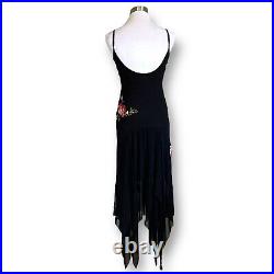 Y2K Vintage 90s Cache Black Dress Sz 2 Floral Embroidery Beaded Silk Fairycore