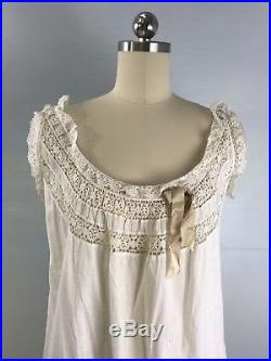 ZL- Antique Victorian Edwardian Cotton Lace Nightgown Slip Dress Flounce S/M