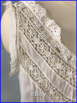 ZL- Antique Victorian Edwardian Cotton Lace Nightgown Slip Dress Flounce S/M