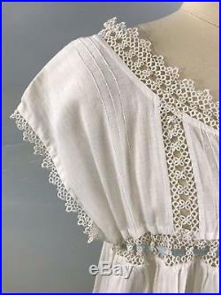 ZM- Antique Edwardian White Cotton Tatting Lace Nightgown Slip Dress M/L