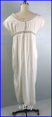 ZM- Antique Edwardian White Cotton Tatting Lace Nightgown Slip Dress M/L