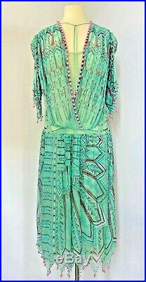 Zandra Rhodes Vintage Hand Painted Beaded Turquoise Silk Dress with Beaded Slip