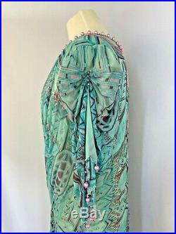 Zandra Rhodes Vintage Hand Painted Beaded Turquoise Silk Dress with Beaded Slip